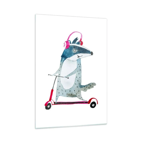 Impression sur verre - Image sur verre - Blaireau avec un casque sur un scooter aquarelle - 50x70cm - La joie du blaireau - Décoration murale moderne pour le salon et la chambre ARTTOR