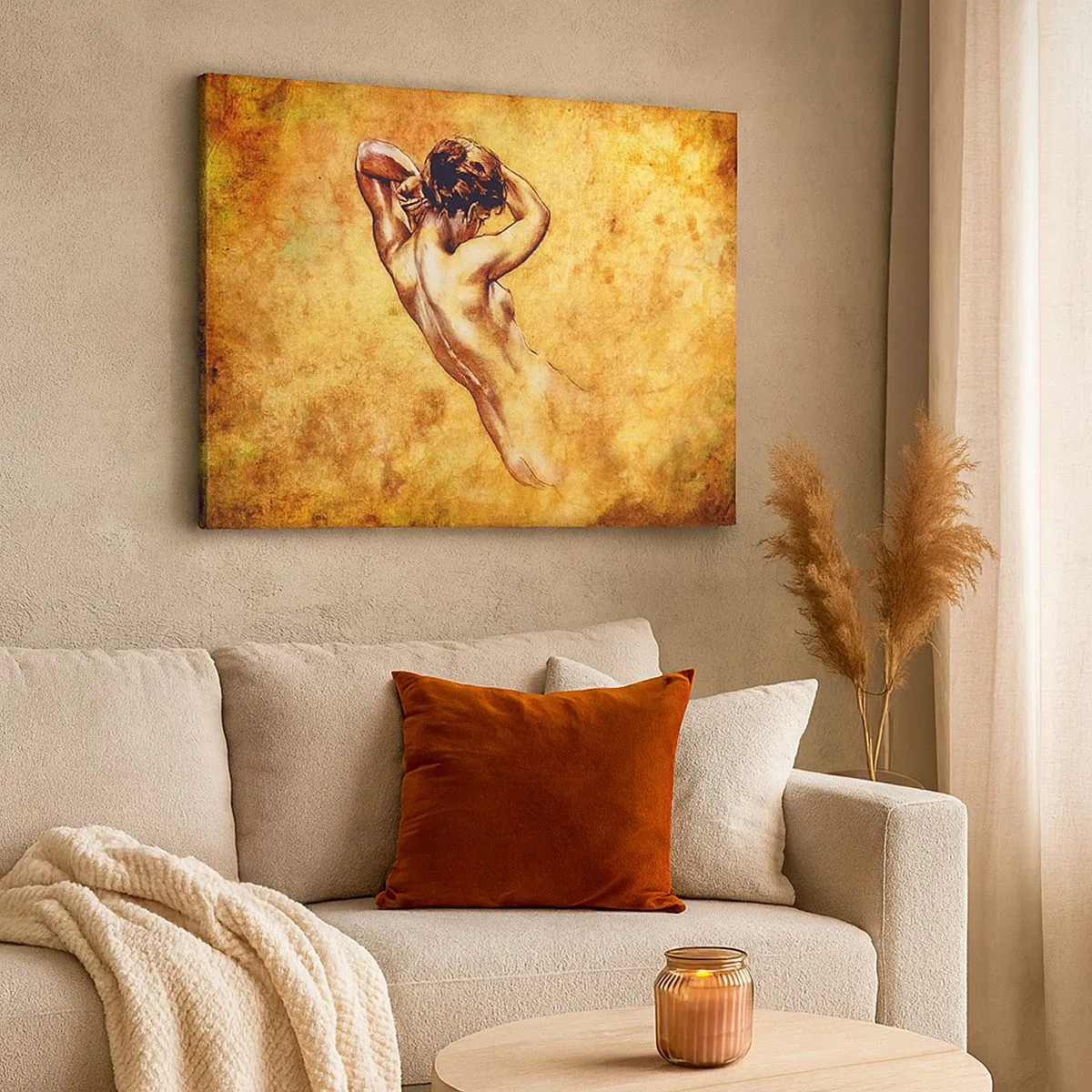 Impression sur toile - Image sur toile - Nu féminin artistique sur fond doré dans un style classique - 70x50cm - Découverte, mais toujours mystèrieuse - Décoration murale moderne pour le salon et la chambre ARTTOR