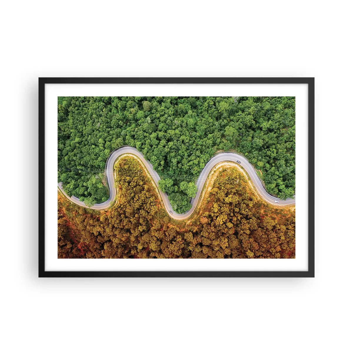 Affiche dans un cadre noir - Poster - Une route sinueuse à travers la forêt vue à vol d'oiseau - 70x50cm - Frontieres et differences - Décoration murale moderne pour le salon et la chambre ARTTOR