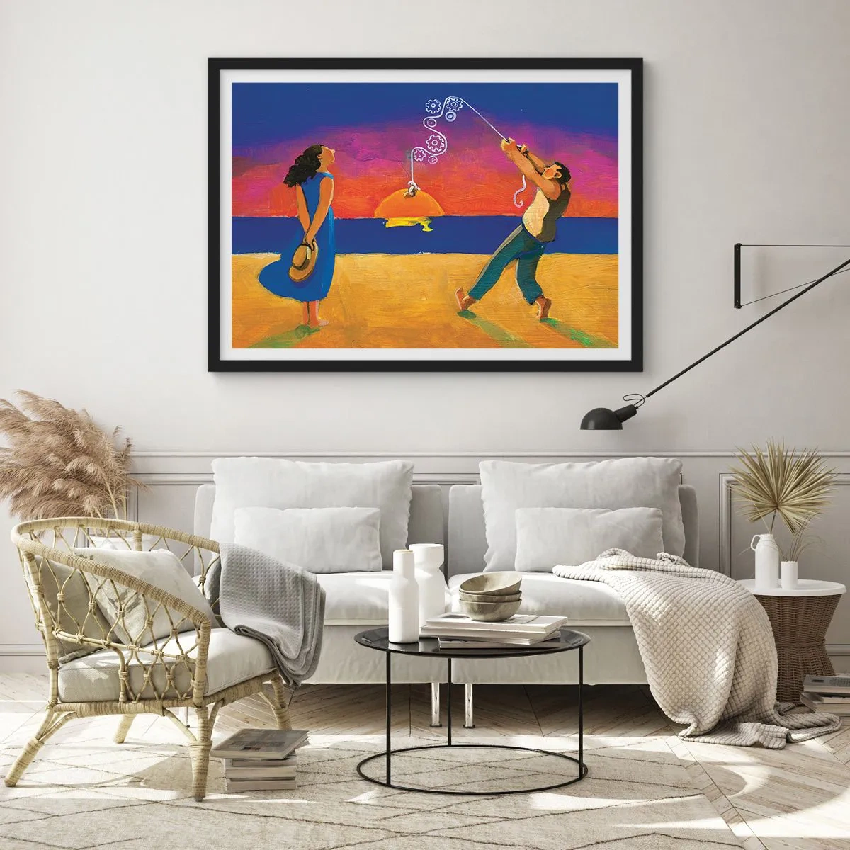 Affiche dans un cadre noir - Poster - Personnages au bord de la mer au coucher du soleil - 100x70cm - Plus qu'une étoile dans le ciel - Décoration murale moderne pour le salon et la chambre ARTTOR