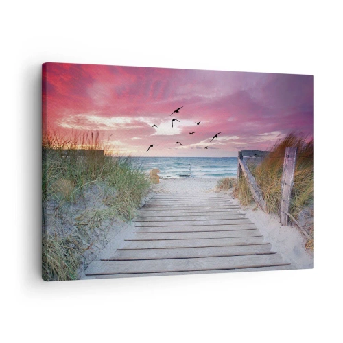 Impression sur toile - Image sur toile - Chemin en bois sur la plage au coucher du soleil rose - 70x50cm - Impression de la Baltique - Décoration murale moderne pour le salon et la chambre ARTTOR