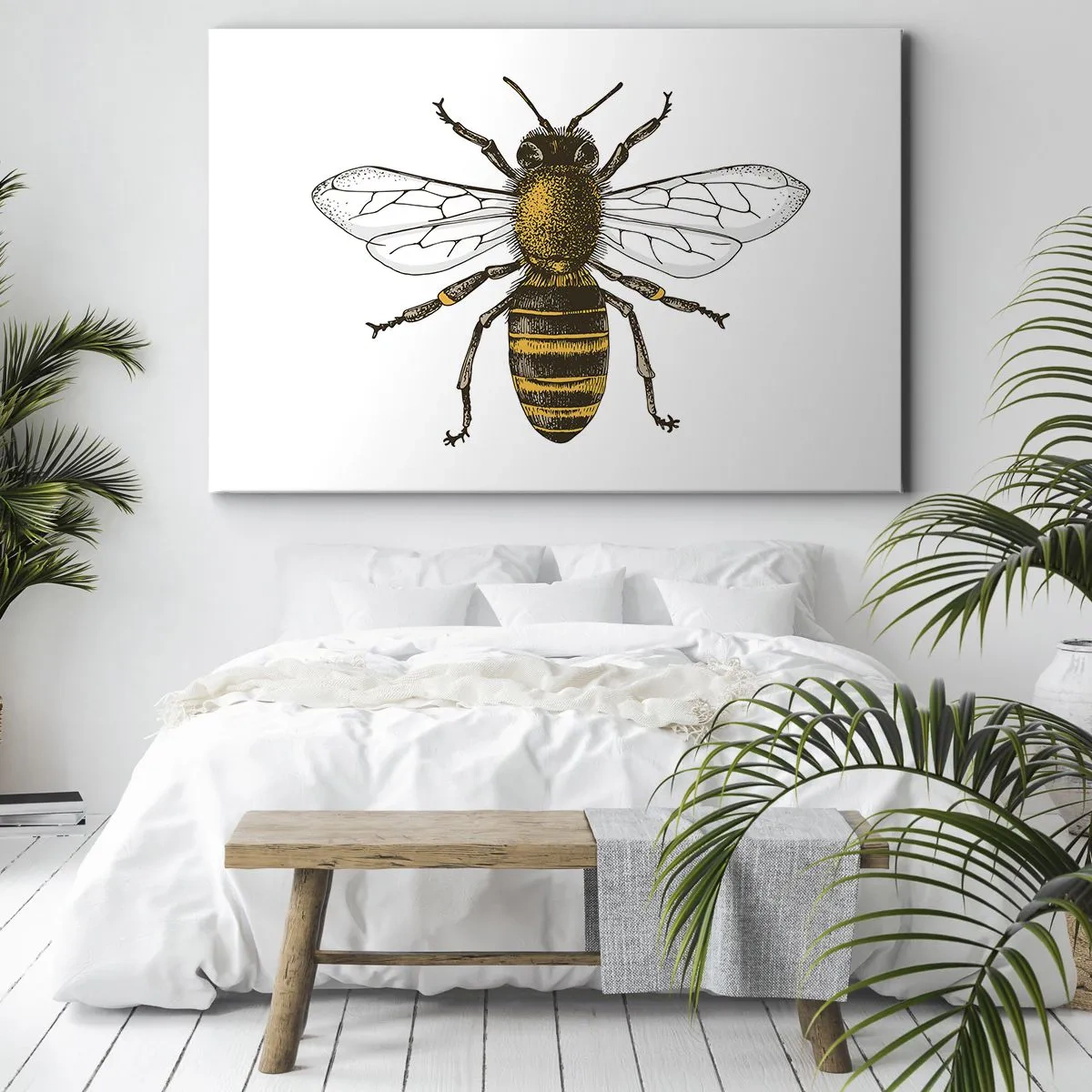 Impression sur toile - Image sur toile - Illustration détaillée d'une abeille sur fond blanc - 70x50cm - Belle et bonne - Décoration murale moderne pour le salon et la chambre ARTTOR