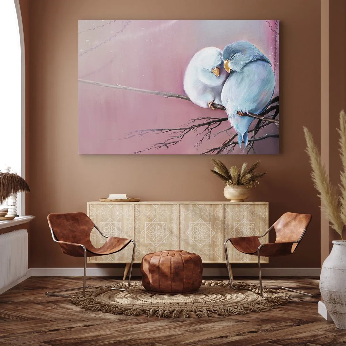 Impression sur toile - Image sur toile - Deux oiseaux amoureux sur une branche sur fond rose - 120x80cm - Que dire de plus?... - Décoration murale moderne pour le salon et la chambre ARTTOR