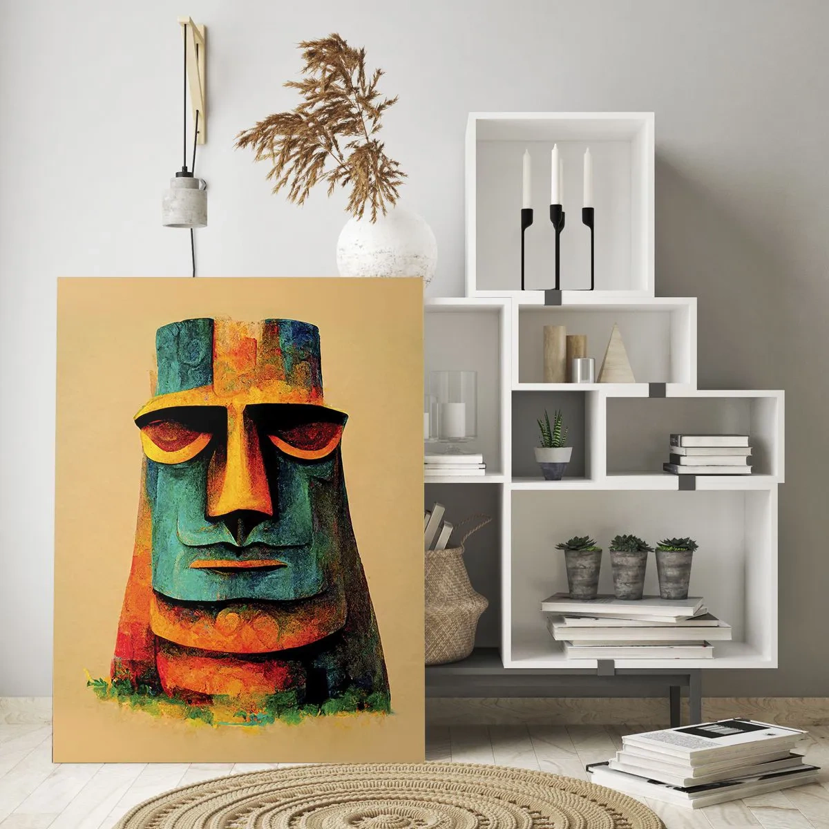 Impression sur verre - Image sur verre - Un portrait coloré inspiré d'une statue de pierre sur fond beige. - 50x70cm - Statuesque et sympathique - Décoration murale moderne pour le salon et la chambre ARTTOR