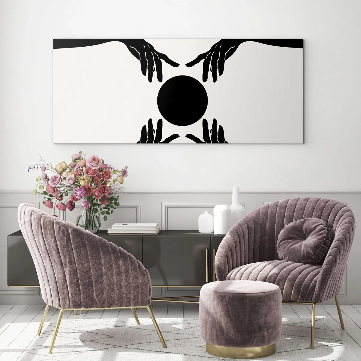 Impression sur verre - Image sur verre - Mains noires dans une composition symétrique avec une boule - 160x50cm - Signe secret - Décoration murale moderne pour le salon et la chambre ARTTOR