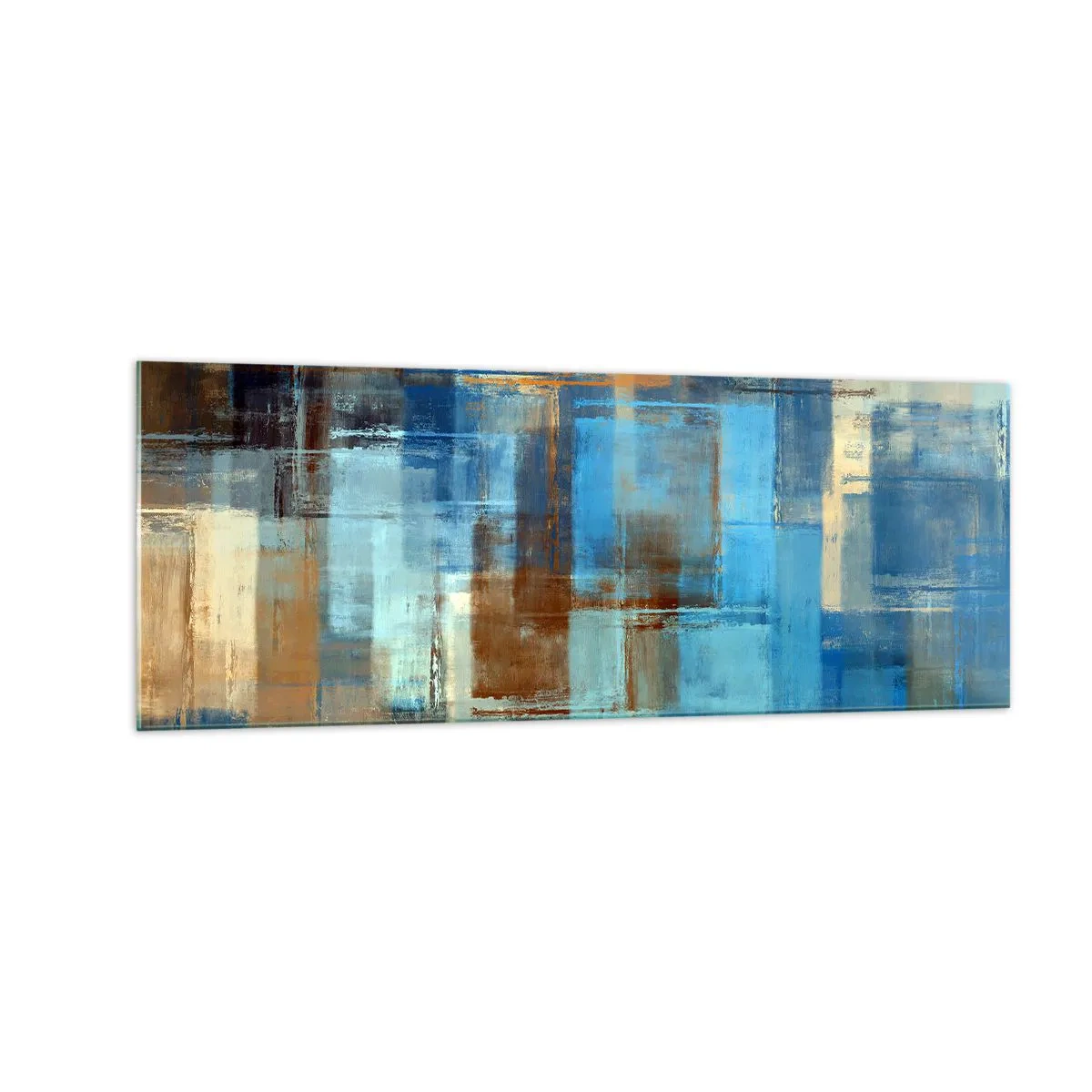 Impression sur verre - Image sur verre - Composition géométrique abstraite dans les tons de bleu et de marron - 140x50cm - A travers le voile bleu - Décoration murale moderne pour le salon et la chambre ARTTOR