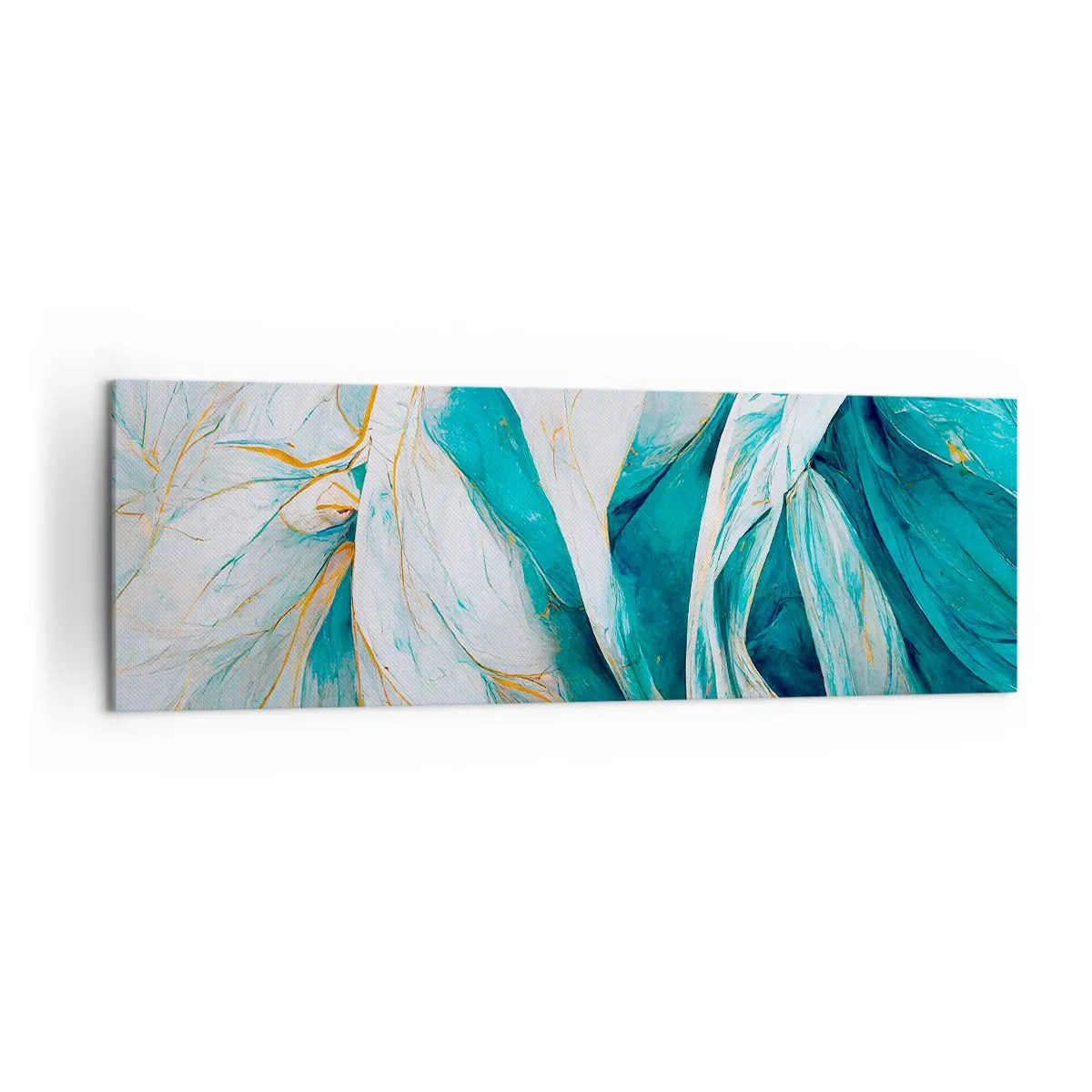 Impression sur toile - Image sur toile - Feuilles bleues abstraites avec des détails dorés - 160x50cm - Abstraction bleue avec un motif doré - Décoration murale moderne pour le salon et la chambre ARTTOR