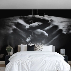 Papier Peint Photo Premium Canvas - Mains jointes sur une guitare dans un ton monochrome - 100x70cm - Prière d'artiste - Décoration murale moderne pour le salon et la chambre ARTTOR
