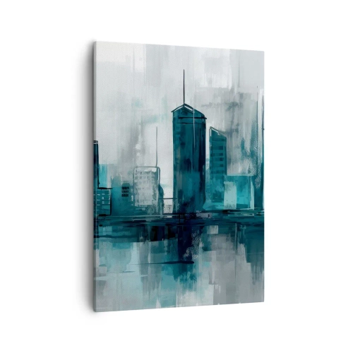 Impression sur toile - Image sur toile - Une ville moderne aux tons turquoise et gris - 50x70cm - Une ville couleur de pluie - Décoration murale moderne pour le salon et la chambre ARTTOR