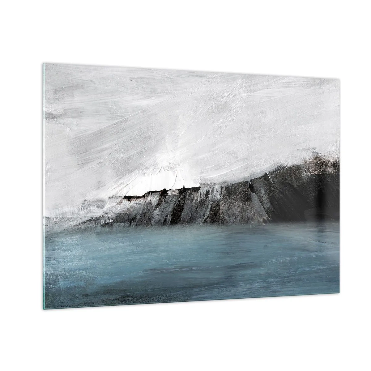 Impression sur verre - Image sur verre - Composition abstraite dans les tons de bleu, blanc et noir - 100x70cm - Eau – terre : choc des éléments - Décoration murale moderne pour le salon et la chambre ARTTOR