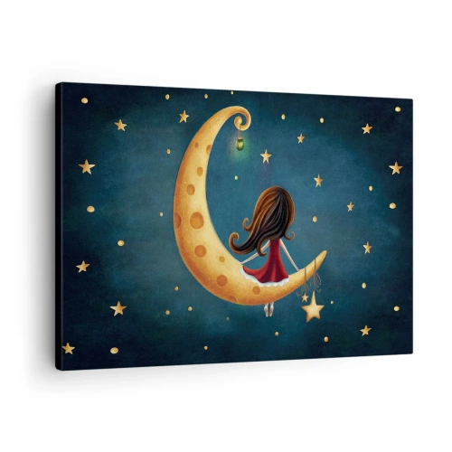 Impression sur toile - Image sur toile - Une fille sur la lune entourée d'étoiles - 70x50cm - Il était une fois... - Décoration murale moderne pour le salon et la chambre ARTTOR