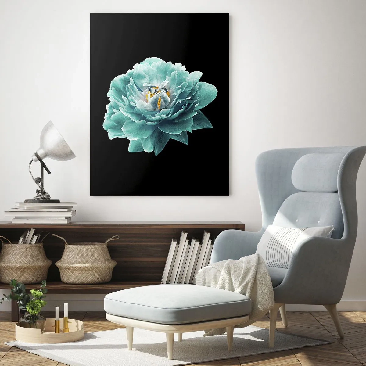 Impression sur verre - Image sur verre - Fleur de pivoine turquoise sur fond noir - 80x120cm - Pétales bleus et dorés - Décoration murale moderne pour le salon et la chambre ARTTOR