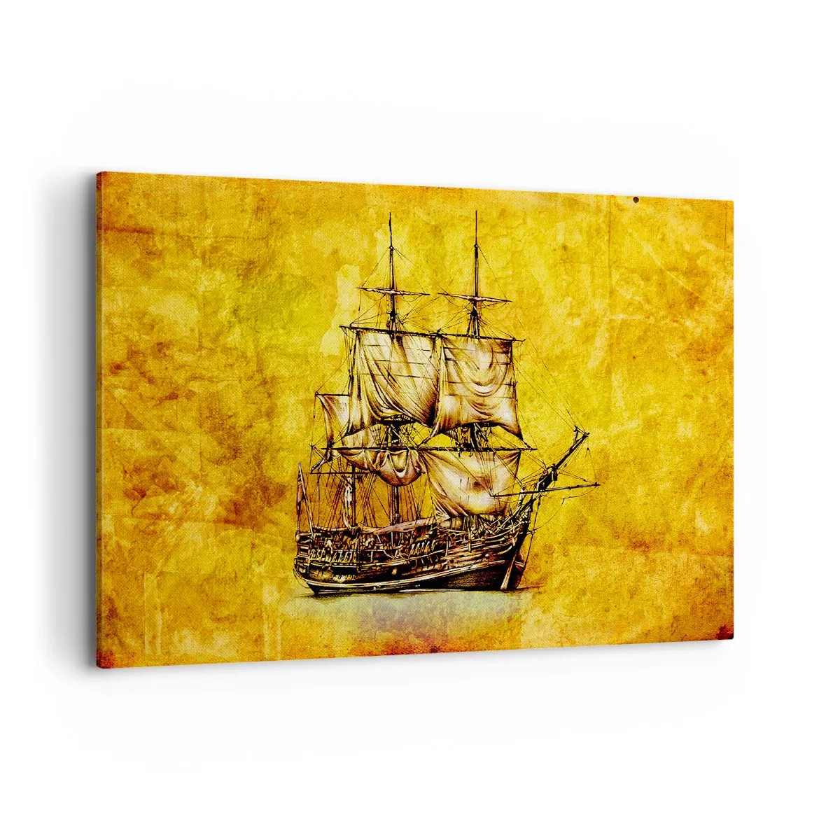 Impression sur toile - Image sur toile - Un dessin stylisé d'un voilier sur fond doré avec une touche vintage. - 100x70cm - En direction de l'ile de la tortue ! - Décoration murale moderne pour le salon et la chambre ARTTOR