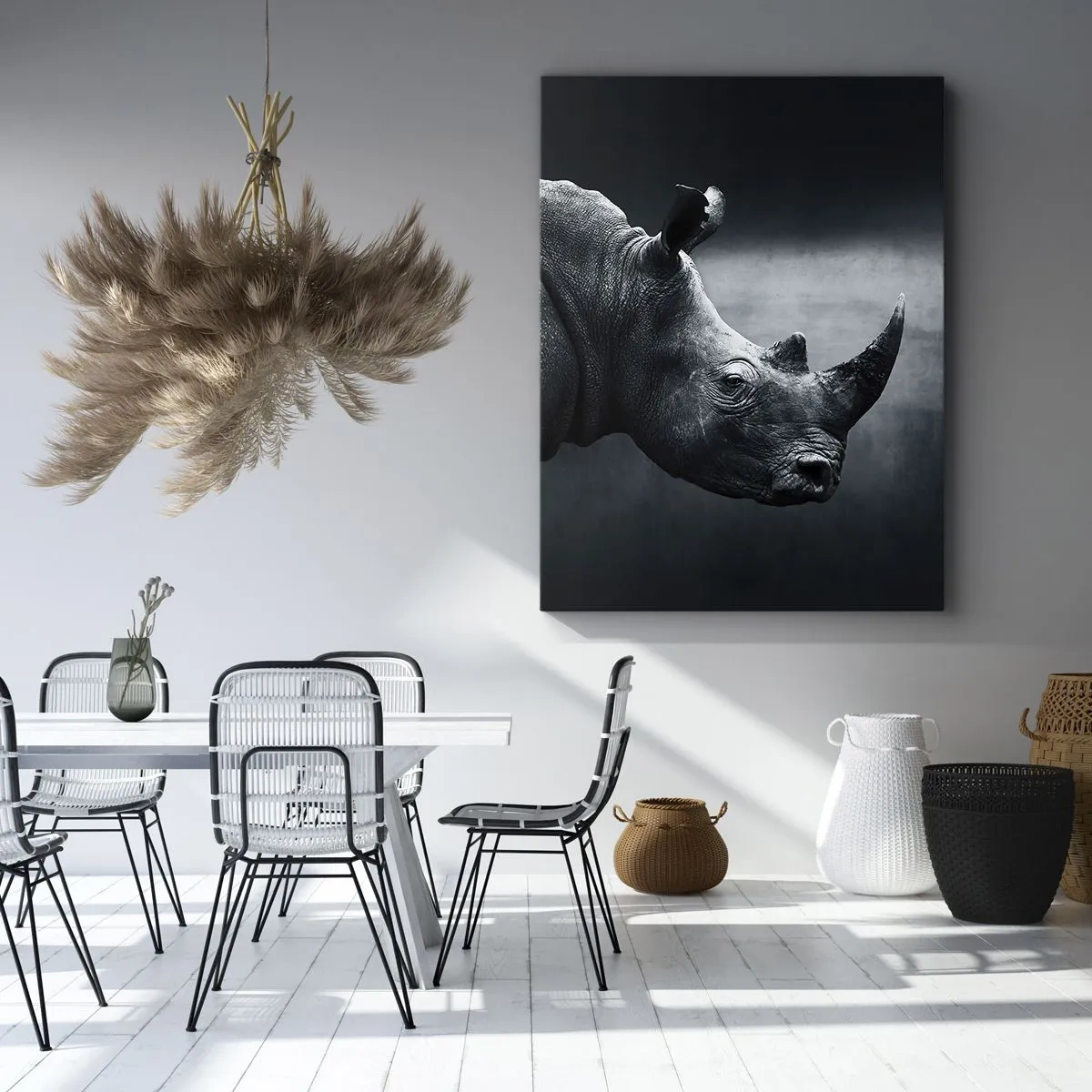 Impression sur toile - Image sur toile - Portrait noir et blanc d'un rhinocéros sur fond sombre - 70x100cm - Le profil droit - Décoration murale moderne pour le salon et la chambre ARTTOR