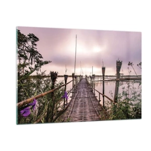 Impression sur verre - Image sur verre - Un pont en bambou traversant le lac, entouré de plantes et de fleurs - 120x80cm - Le silence et le calme d'Asie - Décoration murale moderne pour le salon et la chambre ARTTOR