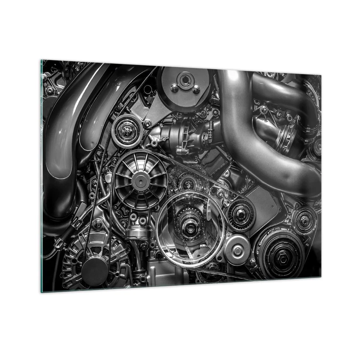 Impression sur verre - Image sur verre - Détail d'un moteur noir et blanc avec mécanismes visibles - 100x70cm - Poésie mécanique - Décoration murale moderne pour le salon et la chambre ARTTOR