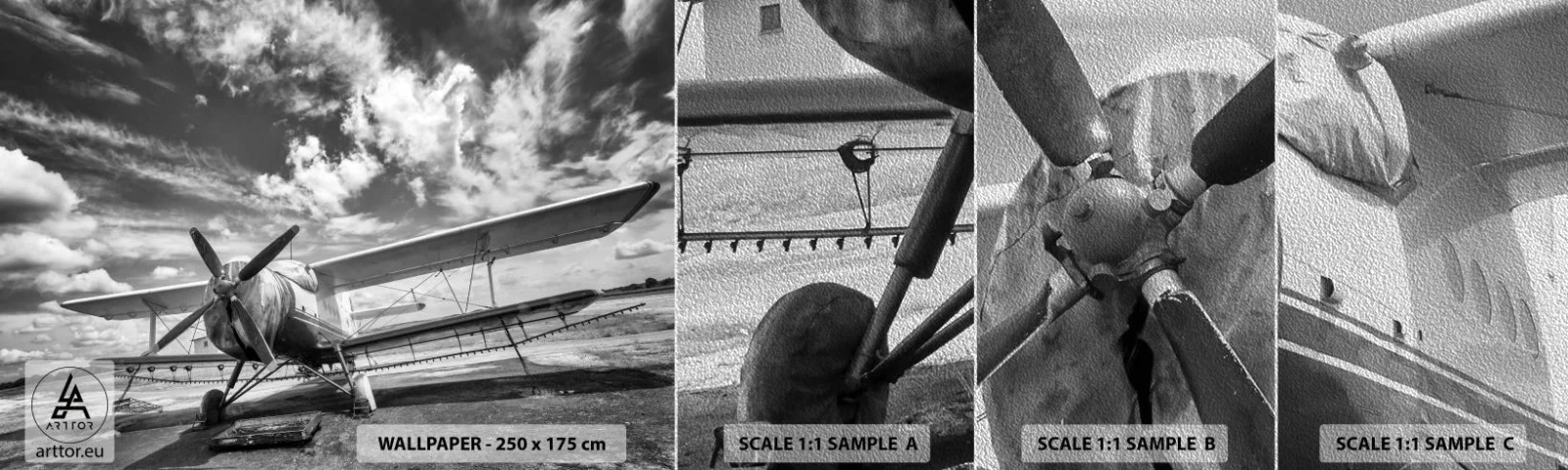 Échantillon de Papier Peint Premium Sand - Je suis impatient! - Avion, Avion, Noir et blanc - 100x30 cm