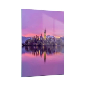 Impression sur verre - Image sur verre - Une église sur une île avec des montagnes et un coucher de soleil en arrière-plan - 50x70cm - Une île de conte de fées au crépuscule - Décoration murale moderne pour le salon et la chambre ARTTOR