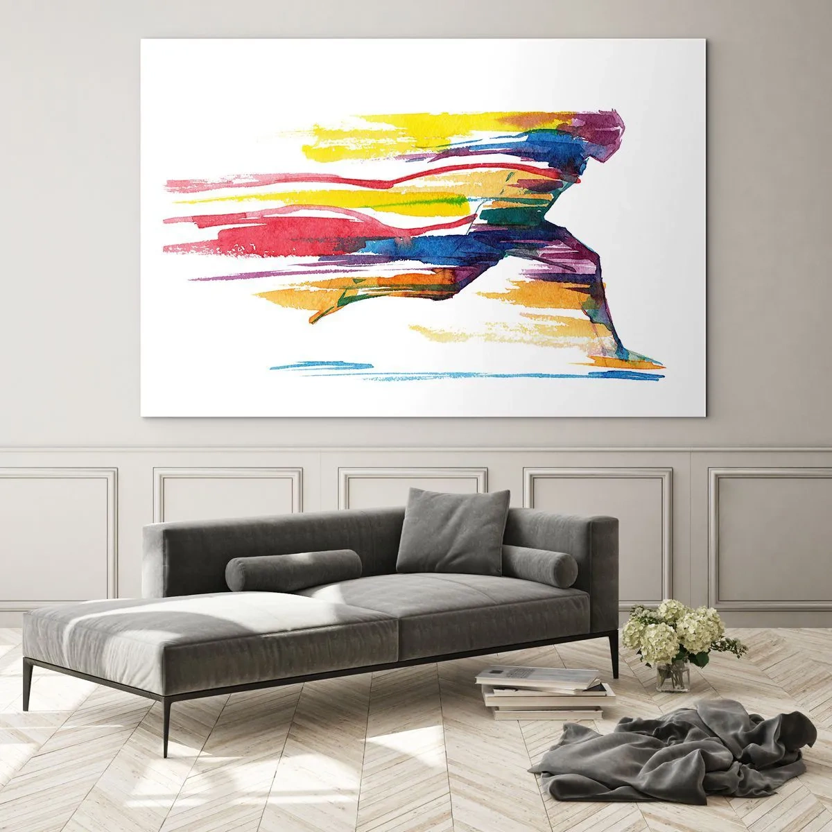Impression sur verre - Image sur verre - Silhouette abstraite d'un coureur aux couleurs dynamiques - 120x80cm - Courir à travers l'arc-en-ciel - Décoration murale moderne pour le salon et la chambre ARTTOR