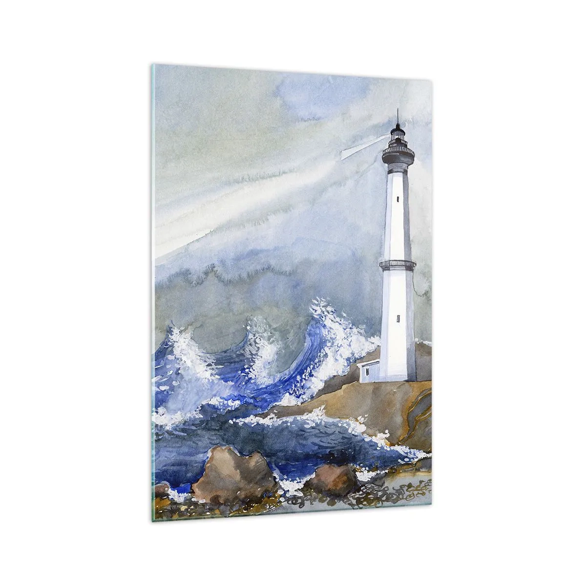 Impression sur verre - Image sur verre - Un phare sur un rivage rocheux avec une mer agitée - 70x100cm - Contre l'obscurité et la tempête - Décoration murale moderne pour le salon et la chambre ARTTOR
