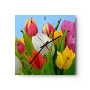 Horloge murale - Pendule murale - Tulipes colorées couvertes de gouttes de rosée sur fond bleu - 30x30cm - Un arc-en-ciel fleuri en gouttes de rosée - Décoration murale moderne pour le salon et la chambre ARTTOR