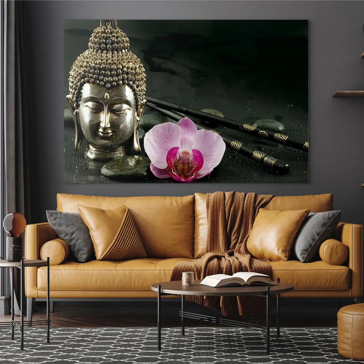 Impression sur verre - Image sur verre - Tête bouddhiste avec une fleur rose sur un fond de pierres - 100x70cm - Harmonie de la sagesse et de la beauté - Décoration murale moderne pour le salon et la chambre ARTTOR