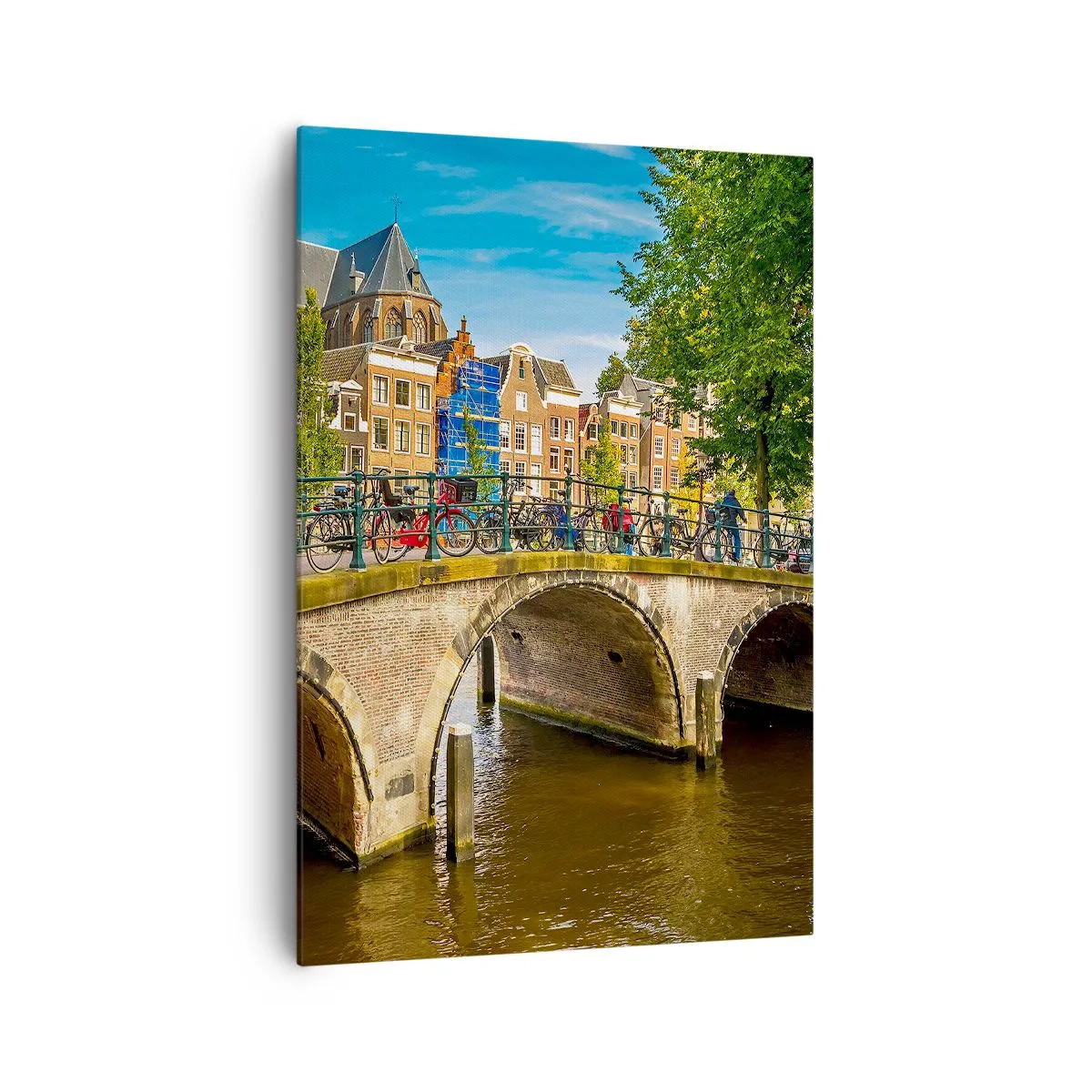 Impression sur toile - Image sur toile - Un canal pittoresque avec un pont à Amsterdam - 70x100cm - Le printemps sur le canal - Décoration murale moderne pour le salon et la chambre ARTTOR