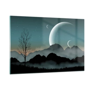 Impression sur verre - Image sur verre - Lunes sur les montagnes avec un arbre solitaire et des étoiles - 120x80cm - Carnaval de la nuit étoilée - Décoration murale moderne pour le salon et la chambre ARTTOR
