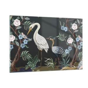 Impression sur verre - Image sur verre - Oiseaux colorés parmi des branches fleuries sur un fond sombre - 120x80cm - Parade d'oiseaux - Décoration murale moderne pour le salon et la chambre ARTTOR