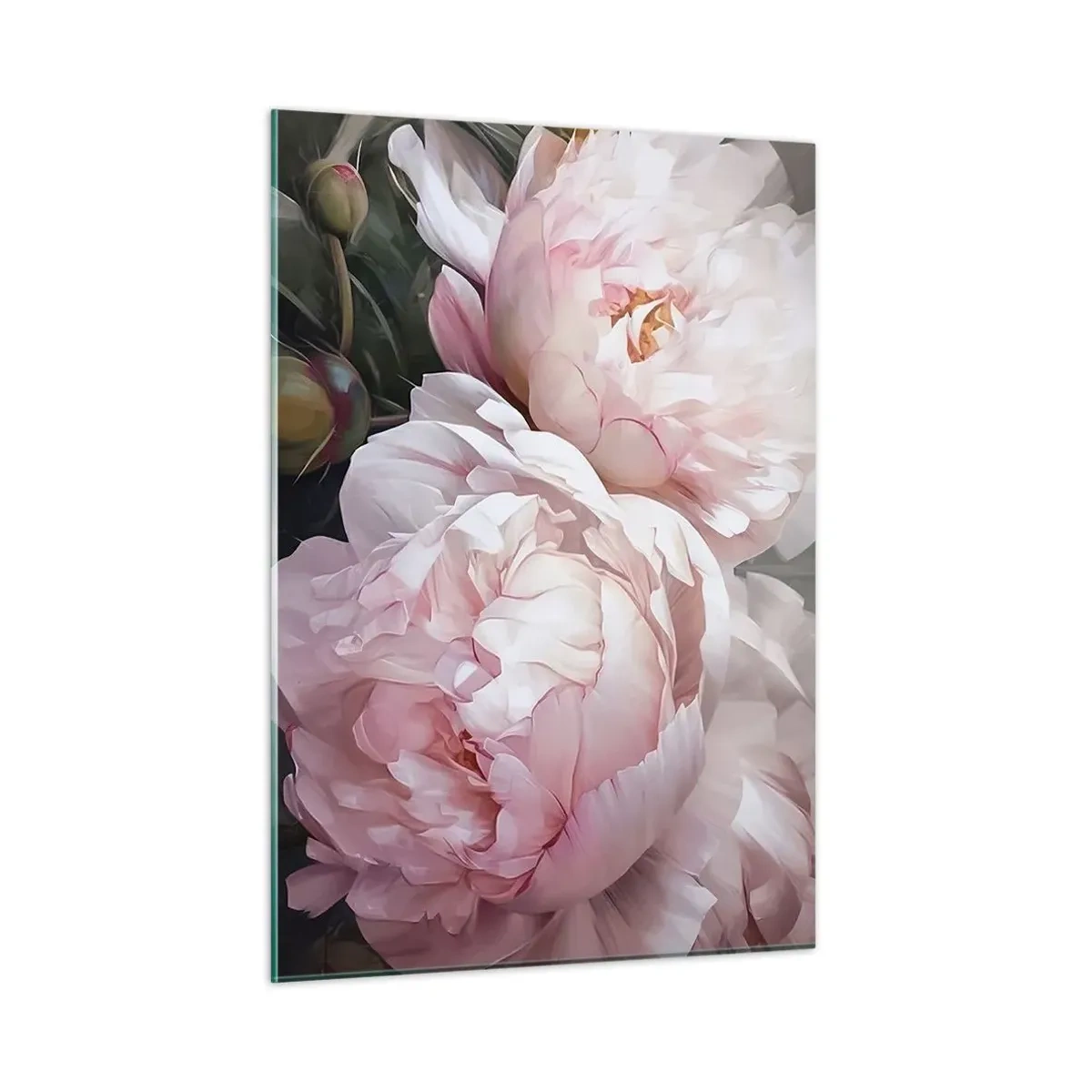 Impression sur verre - Image sur verre - Pivoines délicates dans une teinte rose clair en gros plan - 50x70cm - Arrêté en pleine floraison - Décoration murale moderne pour le salon et la chambre ARTTOR