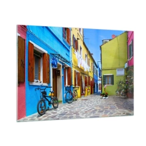 Impression sur verre - Image sur verre - Une rue colorée avec des vélos et des maisons décorées - 100x70cm - Pastel, douce ruelle - Décoration murale moderne pour le salon et la chambre ARTTOR
