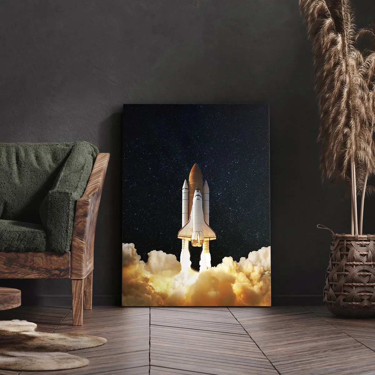 Impression sur toile - Image sur toile - Une fusée spatiale décollant dans le ciel étoilé - 70x100cm - Ad astra! - Décoration murale moderne pour le salon et la chambre ARTTOR