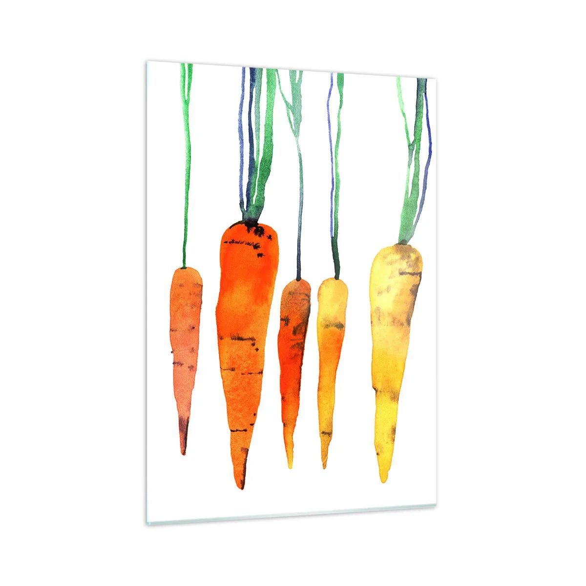 Impression sur verre - Image sur verre - Carottes à l'aquarelle dans différentes nuances d'orange avec des tiges vertes - 50x70cm - La beauté de l'ordinaire - Décoration murale moderne pour le salon et la chambre ARTTOR
