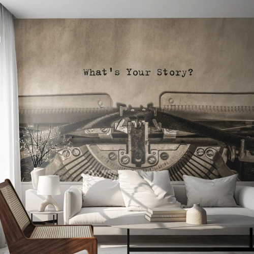 Papier Peint Photo Premium Sand - Une machine à écrire avec un morceau de papier et les mots « Quelle est votre histoire » écrits dessus - 100x70cm - Réponds-moi - Décoration murale moderne pour le salon et la chambre ARTTOR
