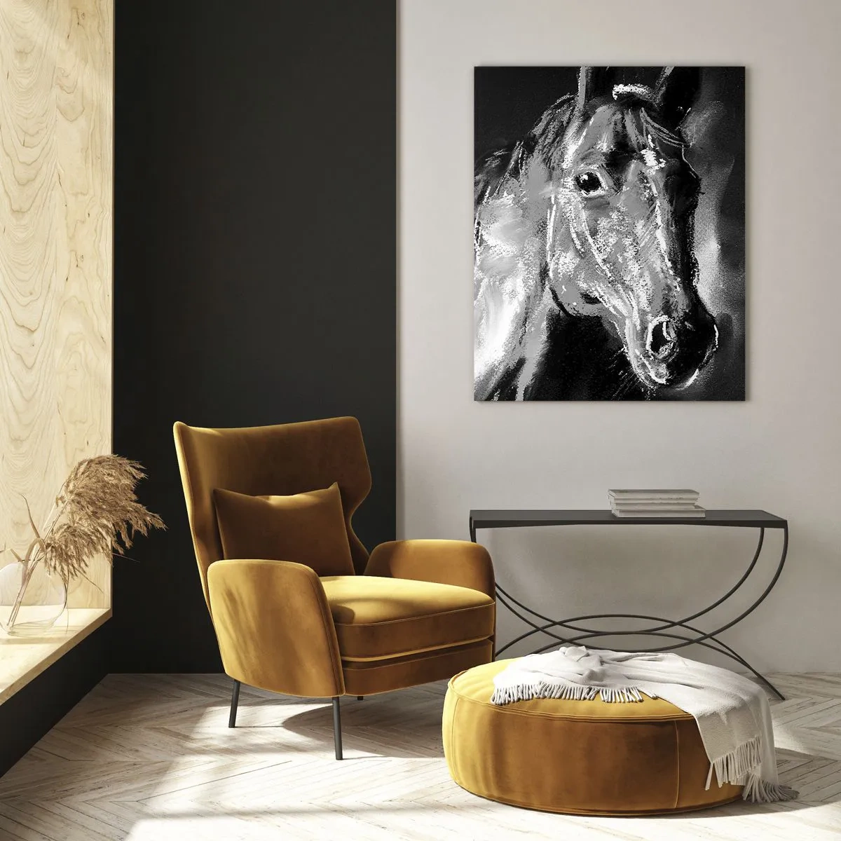 Impression sur verre - Image sur verre - Portrait d'un cheval dans un style dynamique en noir et blanc - 80x120cm - L'éclat d'une âme noble - Décoration murale moderne pour le salon et la chambre ARTTOR