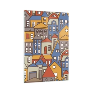 Impression sur verre - Image sur verre - Maisons colorées dans un style graphique sur fond clair - 70x100cm - Derrière la maison, une maison - Décoration murale moderne pour le salon et la chambre ARTTOR