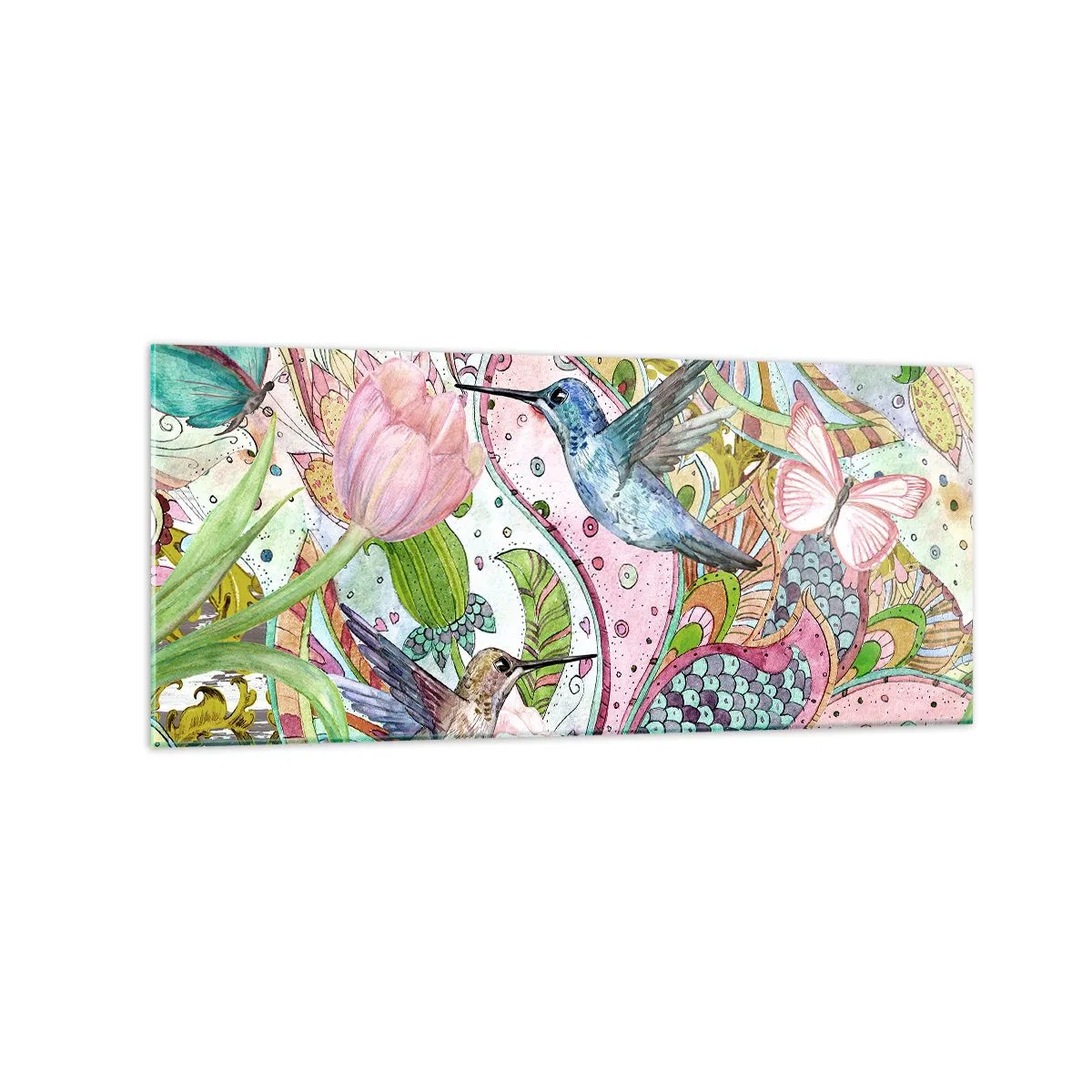 Impression sur verre - Image sur verre - Colibris et papillons colorés parmi les plantes - 120x50cm - Empêtré dans les vignes - Décoration murale moderne pour le salon et la chambre ARTTOR