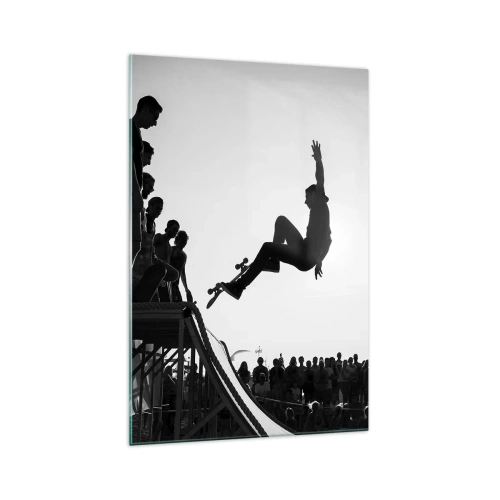 Impression sur verre - Image sur verre - Scène de skateboard en noir et blanc sur une rampe - 70x100cm - Héros et spectateurs - Décoration murale moderne pour le salon et la chambre ARTTOR