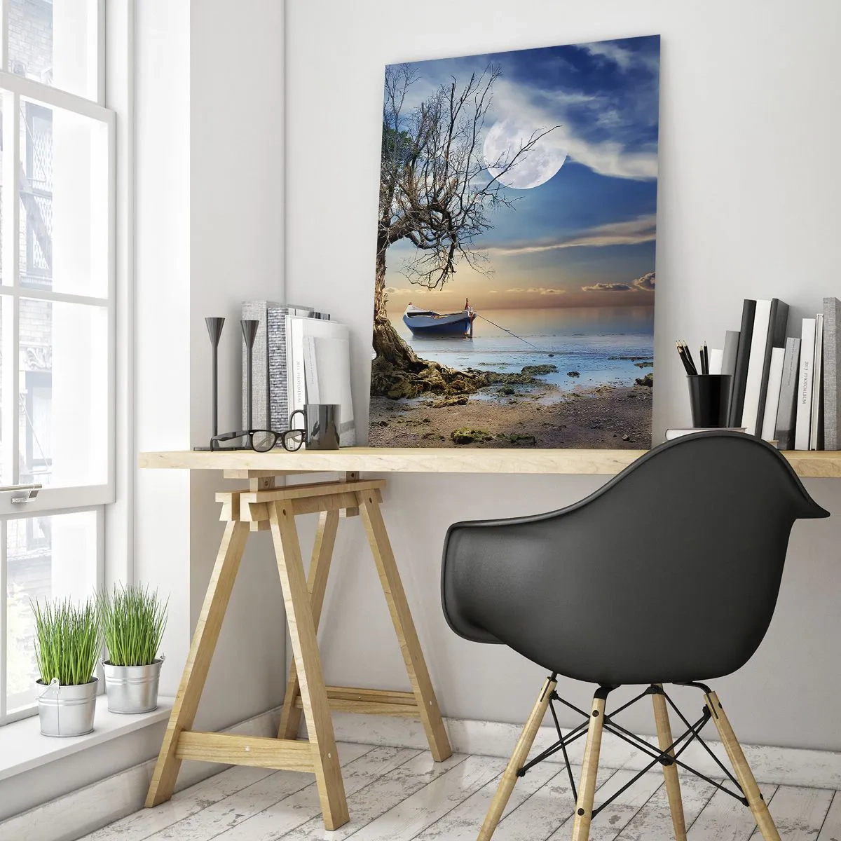 Impression sur verre - Image sur verre - Un bateau solitaire près d'un arbre sur fond de lune - 50x70cm - Est-ce la fin ou le début ? - Décoration murale moderne pour le salon et la chambre ARTTOR