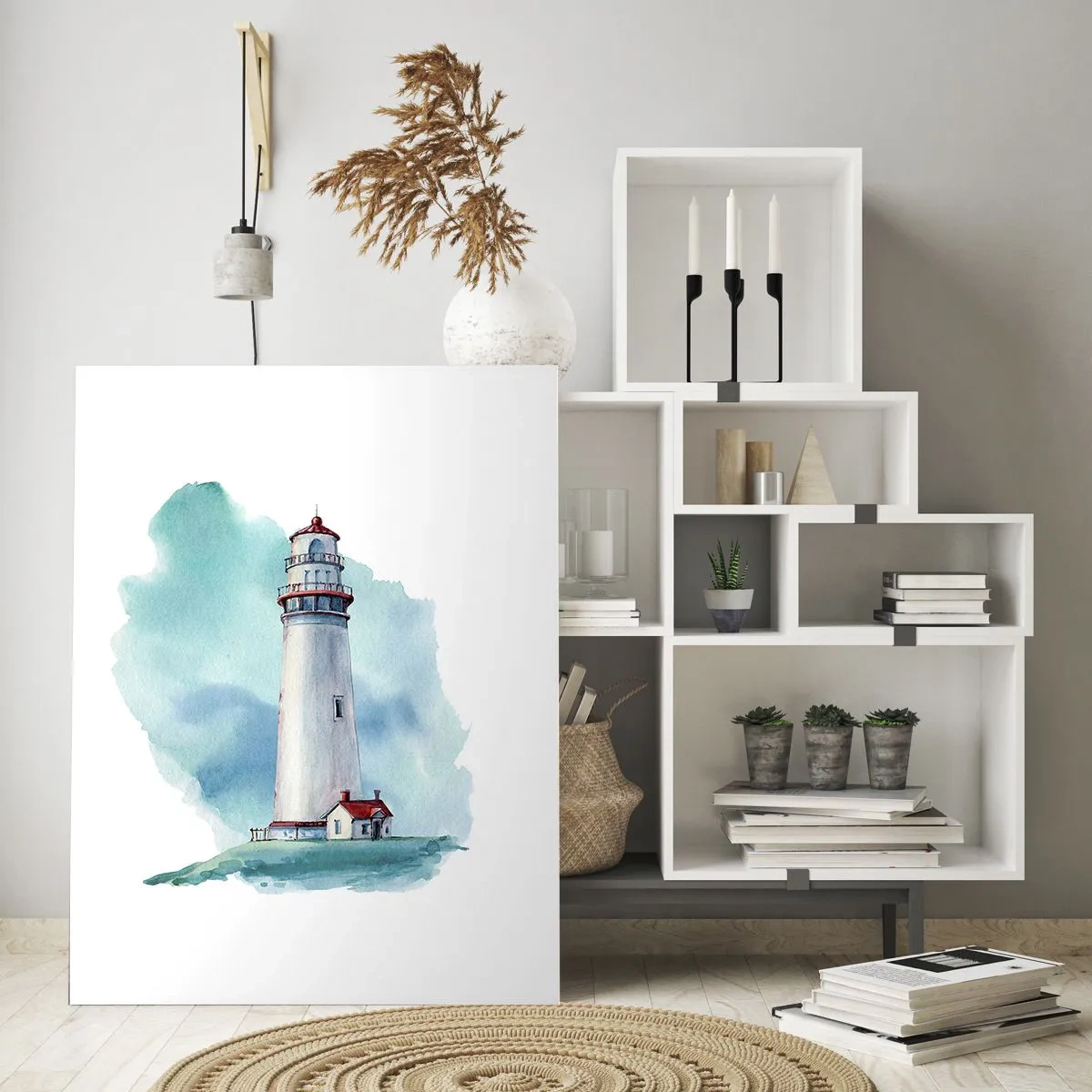 Impression sur verre - Image sur verre - Un phare contre un ciel bleu aquarelle - 50x70cm - La douce sœur du bleu - Décoration murale moderne pour le salon et la chambre ARTTOR