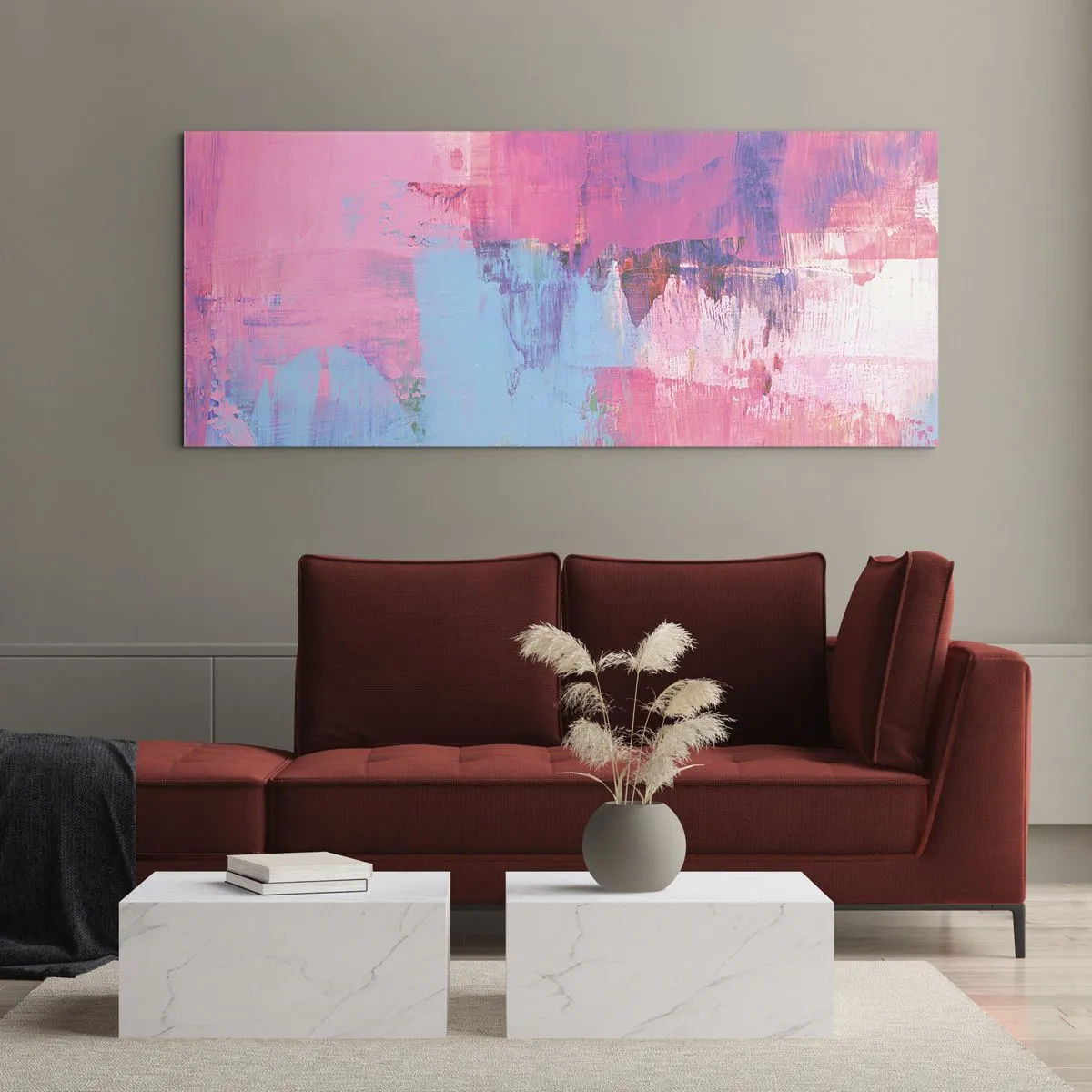 Impression sur verre - Image sur verre - Composition abstraite en rose et bleu - 140x50cm - Du rose, du bleu et une pincée de lumière - Décoration murale moderne pour le salon et la chambre ARTTOR