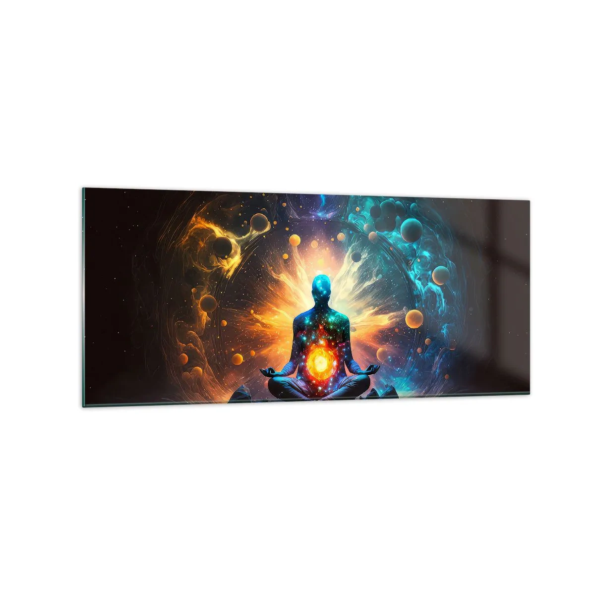 Impression sur verre - Image sur verre - Une figure en méditation entourée d'une aura cosmique - 120x50cm - Paix cosmique - Décoration murale moderne pour le salon et la chambre ARTTOR