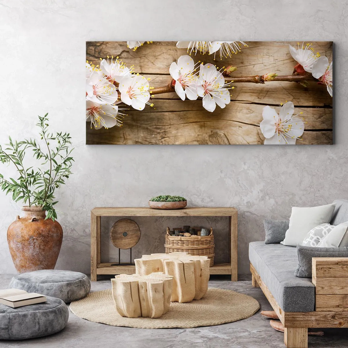 Impression sur toile - Image sur toile - Branches de cerisiers en fleurs sur fond de planche de bois - 160x50cm - Et c'est devenu le printemps - Décoration murale moderne pour le salon et la chambre ARTTOR