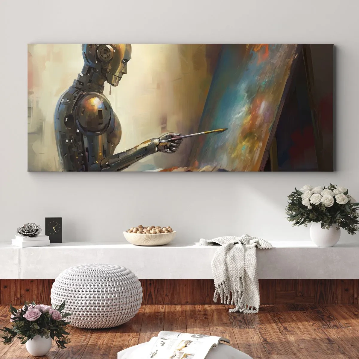 Impression sur toile - Image sur toile - Un robot peignant sur une toile dans un style artistique - 120x50cm - L'art du futur - Décoration murale moderne pour le salon et la chambre ARTTOR