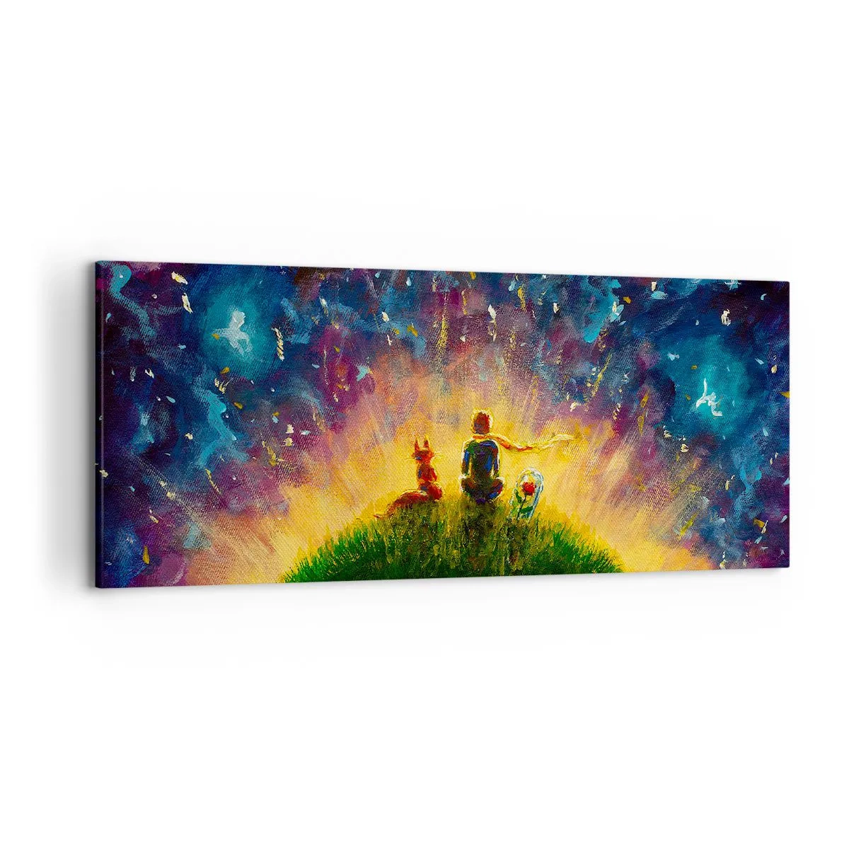 Impression sur toile - Image sur toile - Personnages sur une colline verdoyante entourée d'un ciel étoilé - 120x50cm - Amour et amitié - le monde entier - Décoration murale moderne pour le salon et la chambre ARTTOR