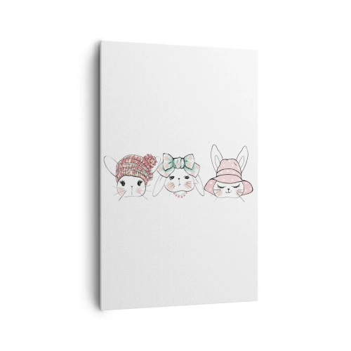 Impression sur toile - Image sur toile - Adorables lapins portant des coiffes pastel - 80x120cm - Pensif, triste, satisfait - Décoration murale moderne pour le salon et la chambre ARTTOR