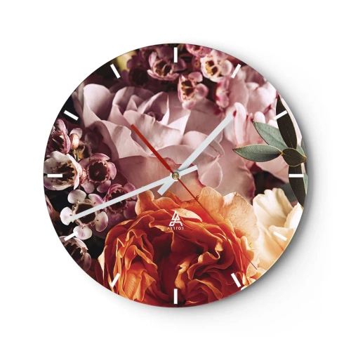 Horloge murale - Pendule murale - Gros plan d'une composition florale avec des roses et des feuilles - 30x30cm - Enveloppé de beauté - Décoration murale moderne pour le salon, la cuisine et la chambre ARTTOR