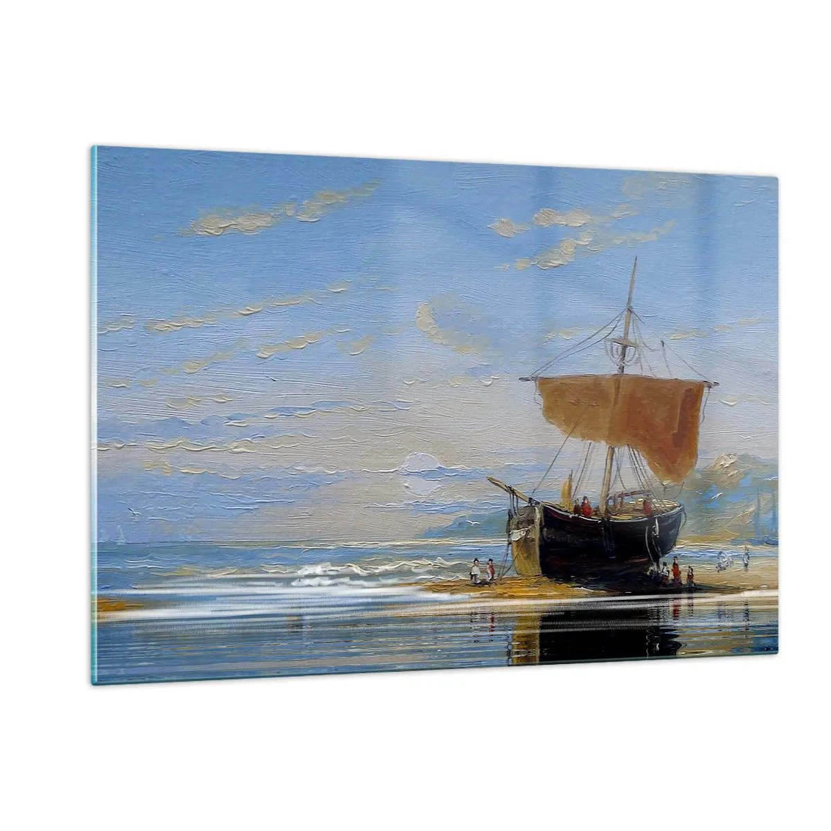 Impression sur verre - Image sur verre - Un navire avec une voile au bord de la mer dans un style pictural - 120x80cm - Eau, terre, air - Décoration murale moderne pour le salon et la chambre ARTTOR