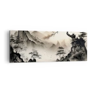 Impression sur toile - Image sur toile - Un paysage oriental avec des montagnes et une pagode aux nuances délicates. - 140x50cm - Le charme unique de l'Orient - Décoration murale moderne pour le salon et la chambre ARTTOR