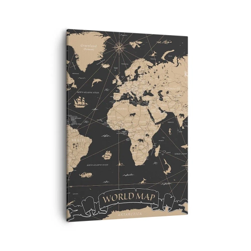 Impression sur toile - Image sur toile - Une carte du monde stylisée sur fond noir avec des accents beiges. - 50x70cm - Les limites de mon monde - Décoration murale moderne pour le salon et la chambre ARTTOR